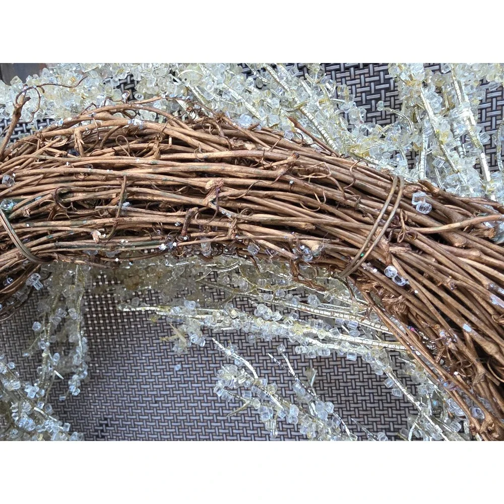 Icy Crystal Beaded Wreath 18in Gold Metallic Branch Grapevine Base Winter Decor